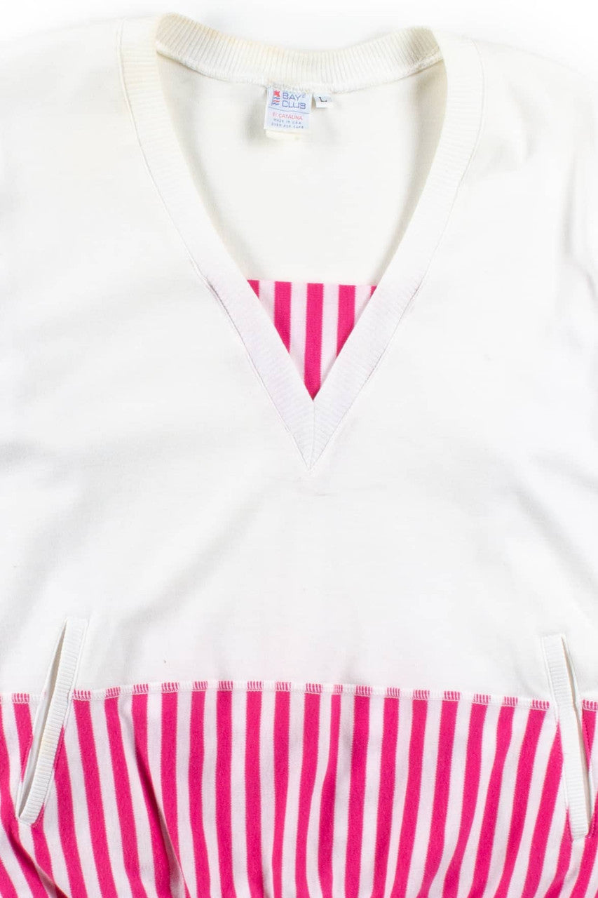 Vintage Pink Striped V-Neck Pocket Sweatshirt