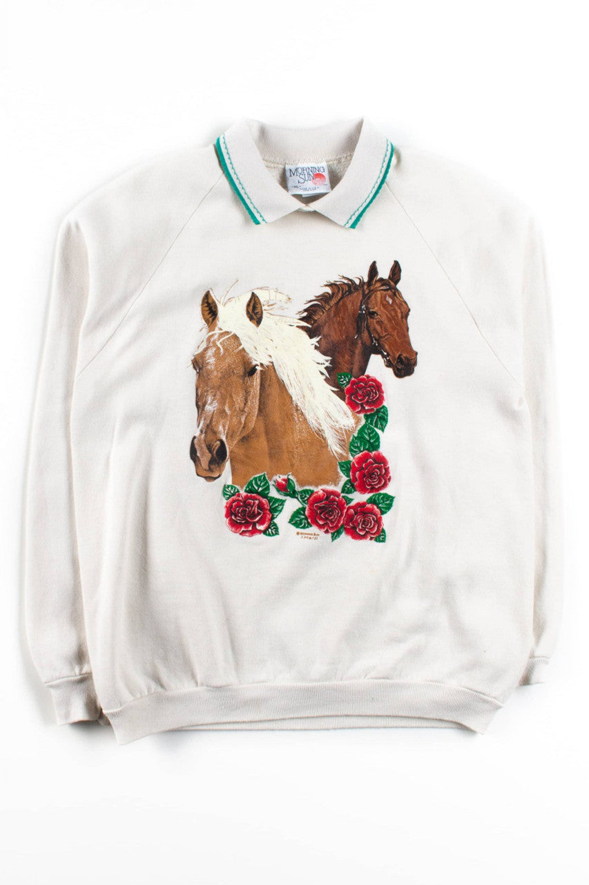 Vintage Rose Horses Collared Sweatshirt