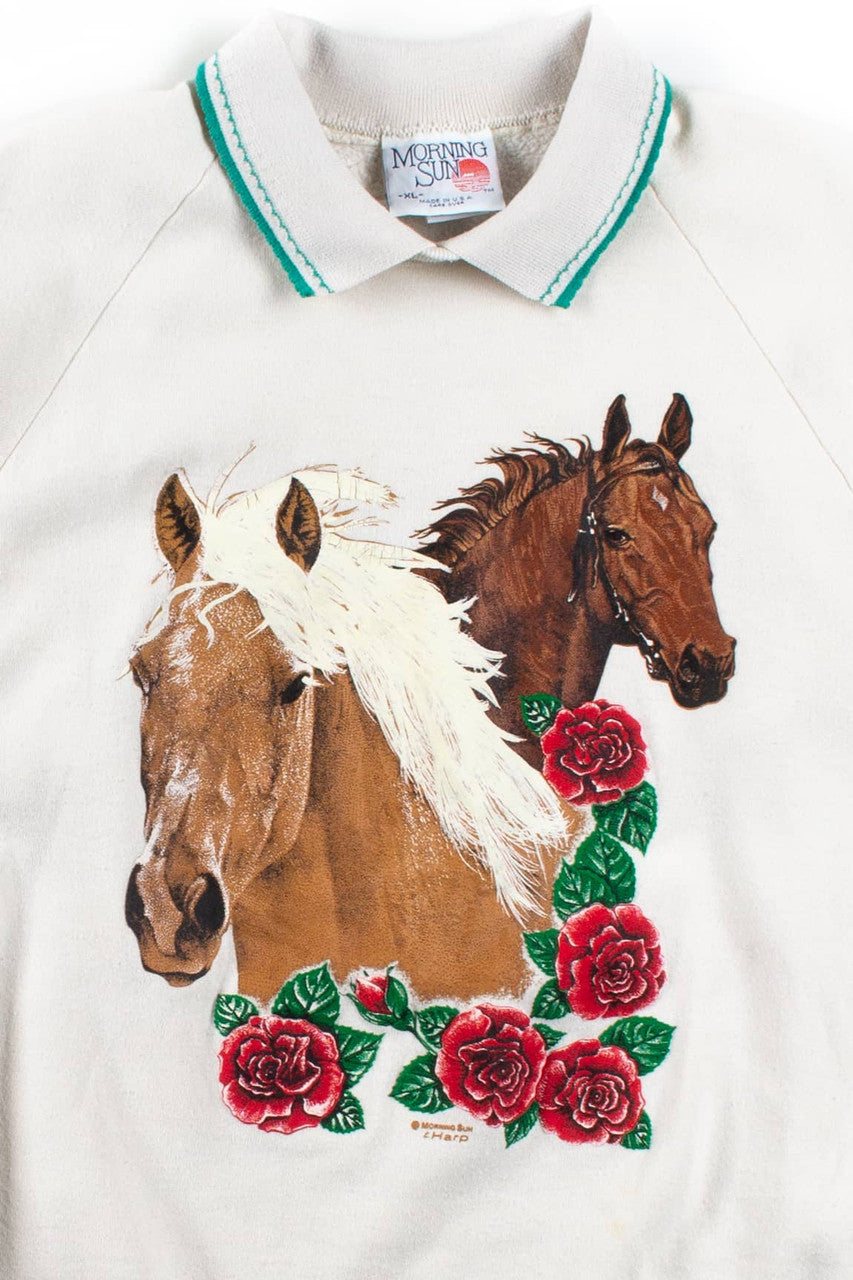 Vintage Rose Horses Collared Sweatshirt