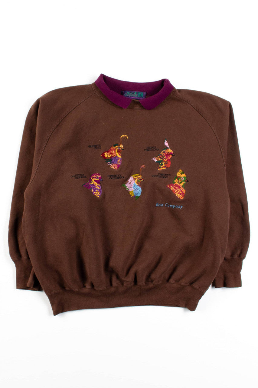 Vintage Colorful Birds Collared Sweatshirt