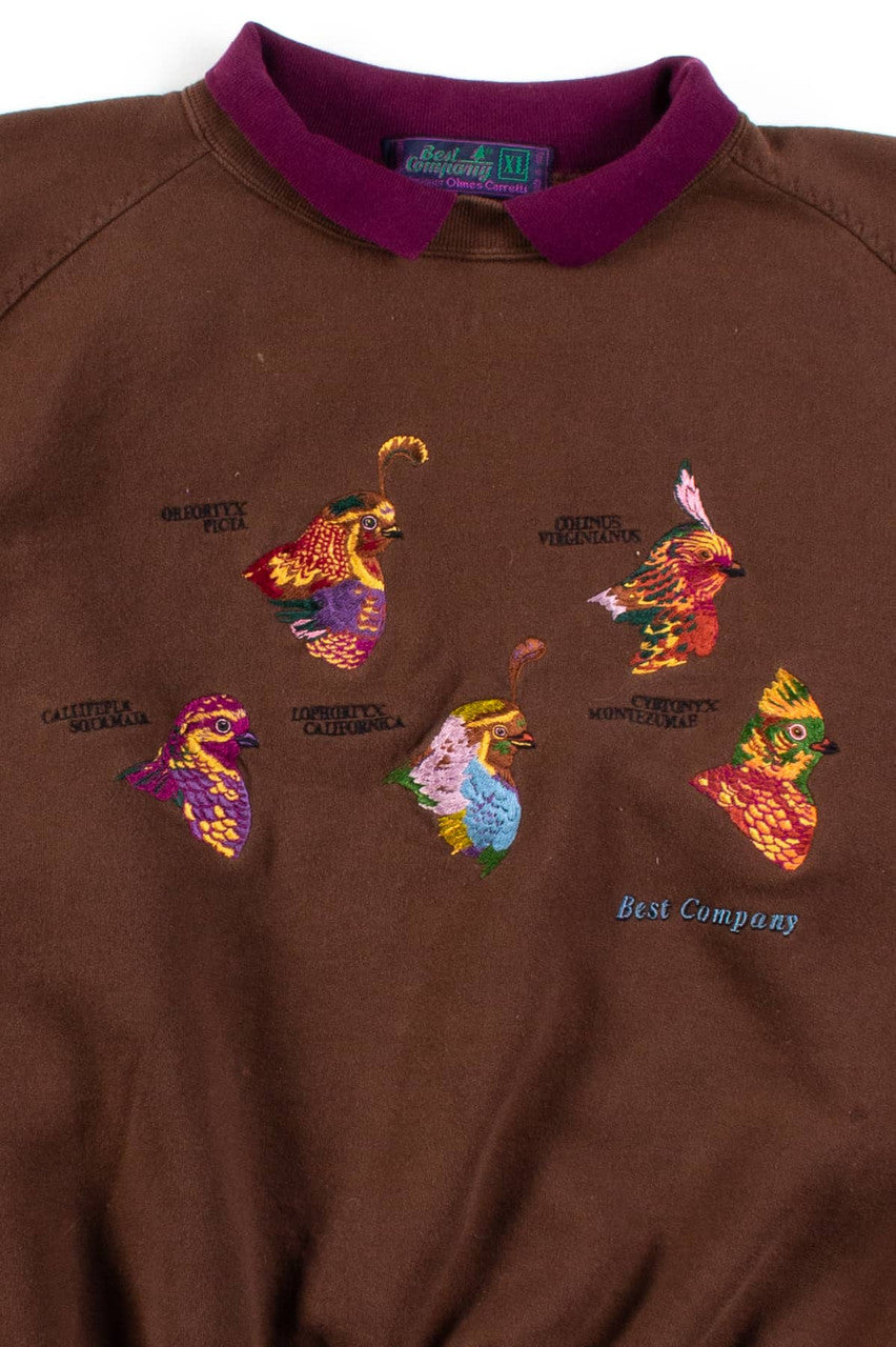 Vintage Colorful Birds Collared Sweatshirt