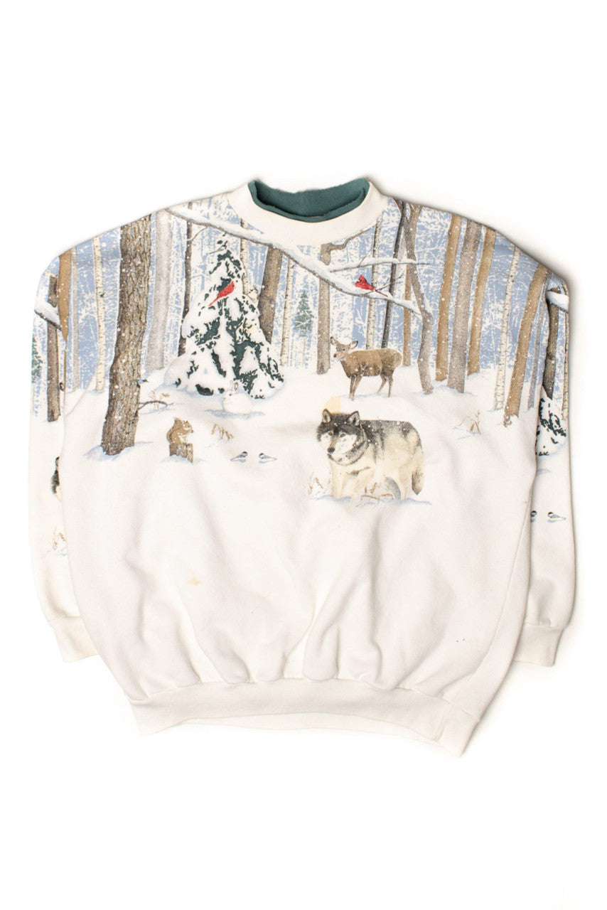 Vintage Allover Graphic Winter Forest Sweatshirt (1990s)