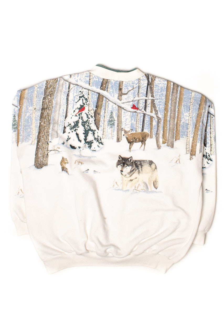 Vintage Allover Graphic Winter Forest Sweatshirt (1990s)