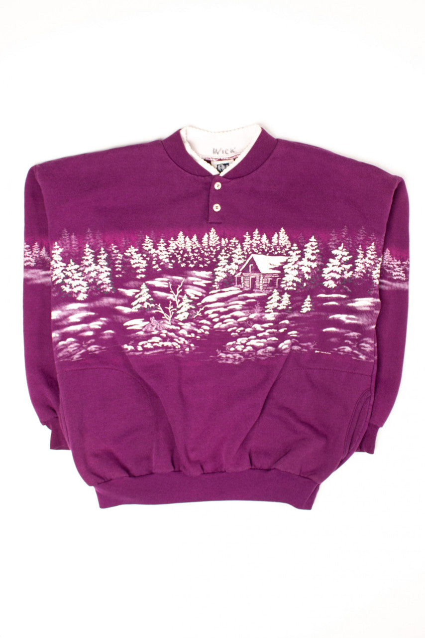 Vintage Purple Winter Forest Cabin Sweatshirt (1990s)
