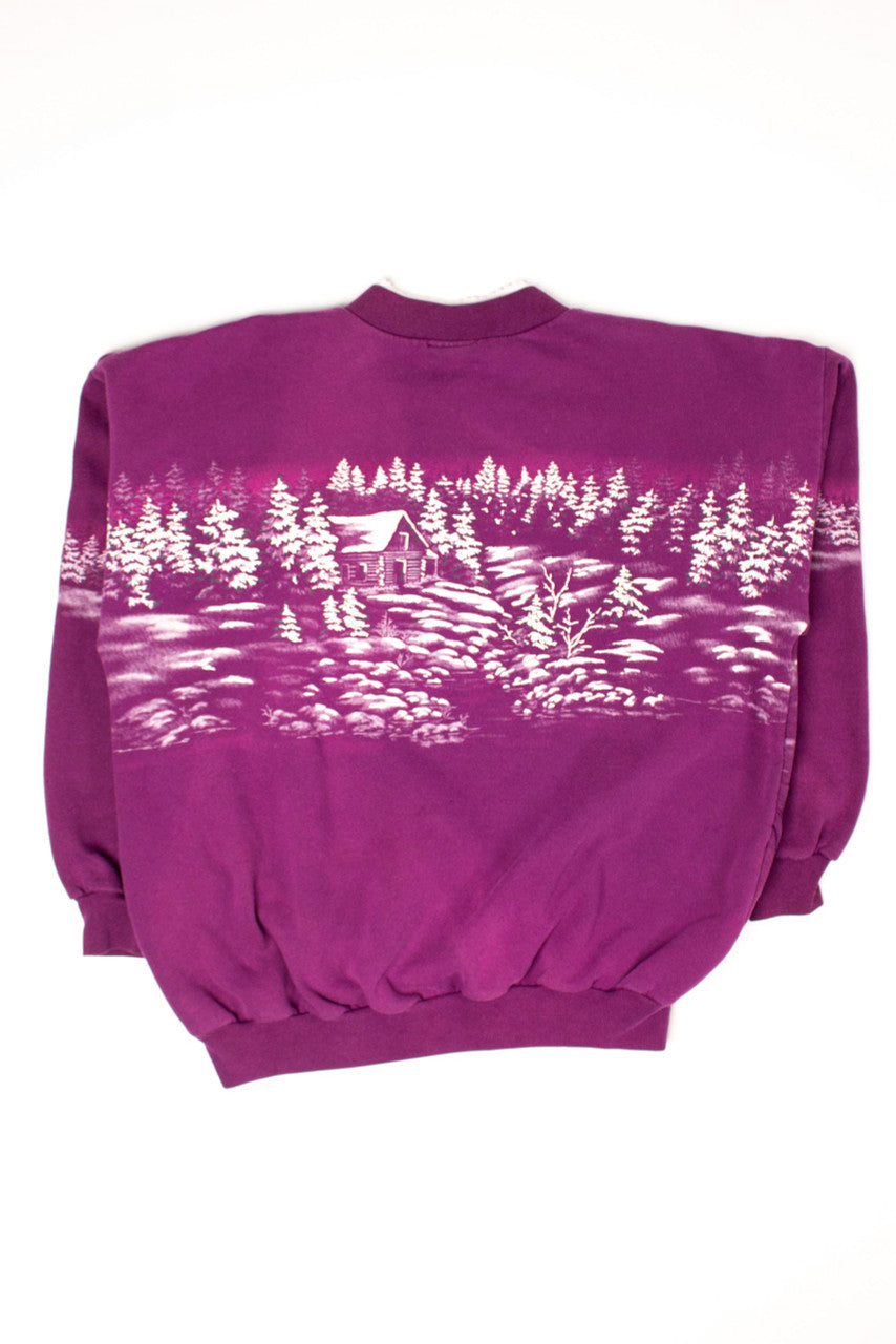 Vintage Purple Winter Forest Cabin Sweatshirt (1990s)