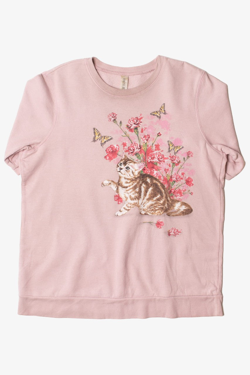 Vintage Cat & Butterfly Print Short Sleeve Sweatshirt 8856