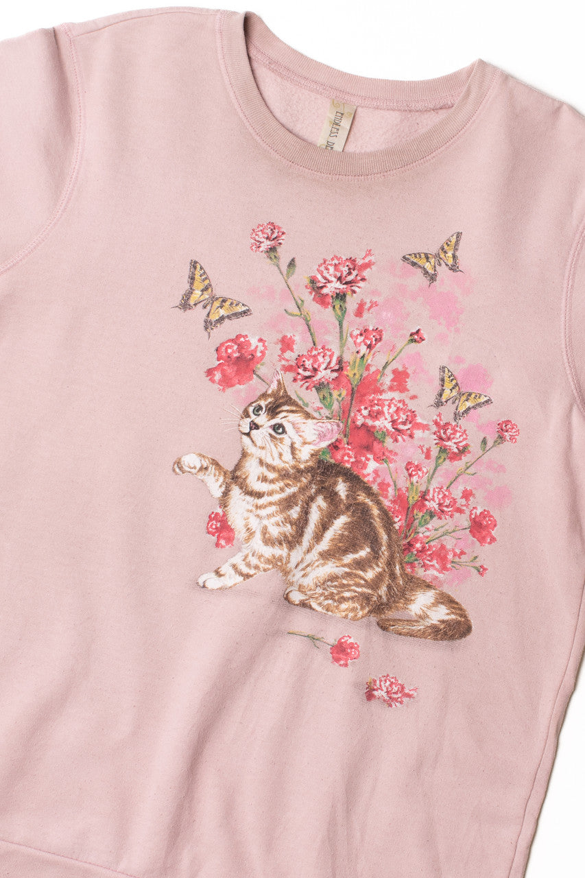 Vintage Cat & Butterfly Print Short Sleeve Sweatshirt 8856