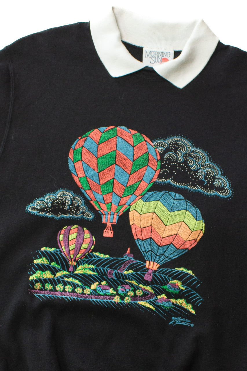 Vintage Collared Pointillist Hot Air Balloons Sweatshirt (1990s)
