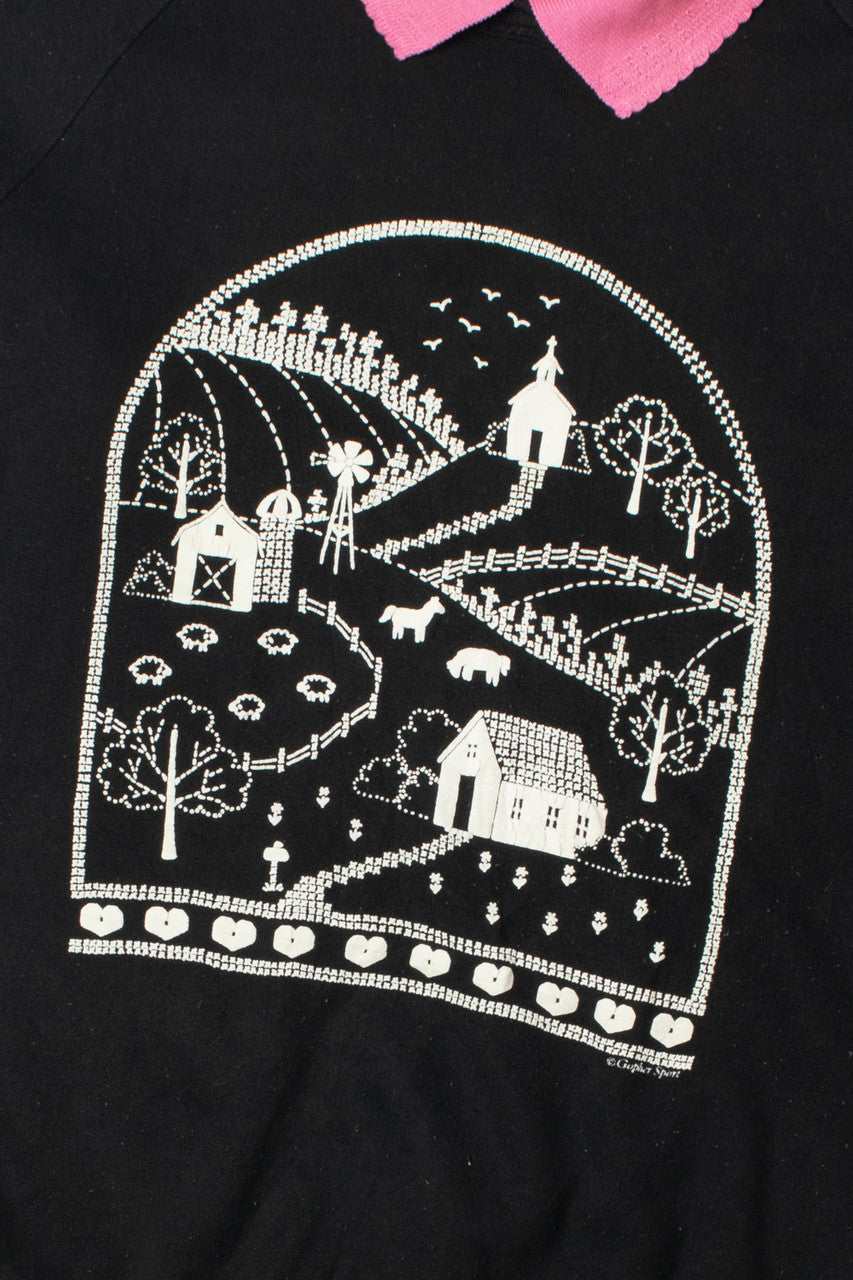 Vintage Scenic Farm Town Sweatshirt With Pink Collar