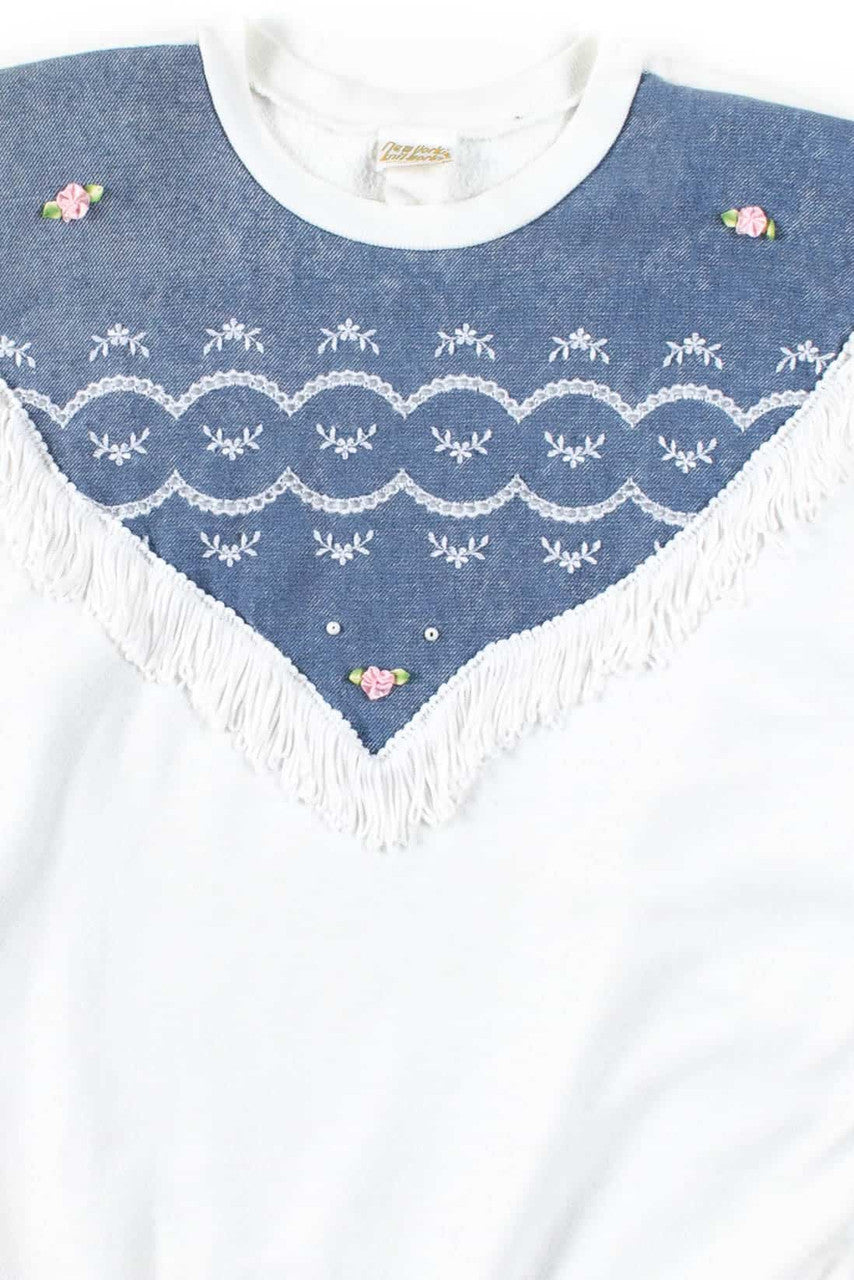 Vintage Denim Fringe Half Sleeve Sweatshirt