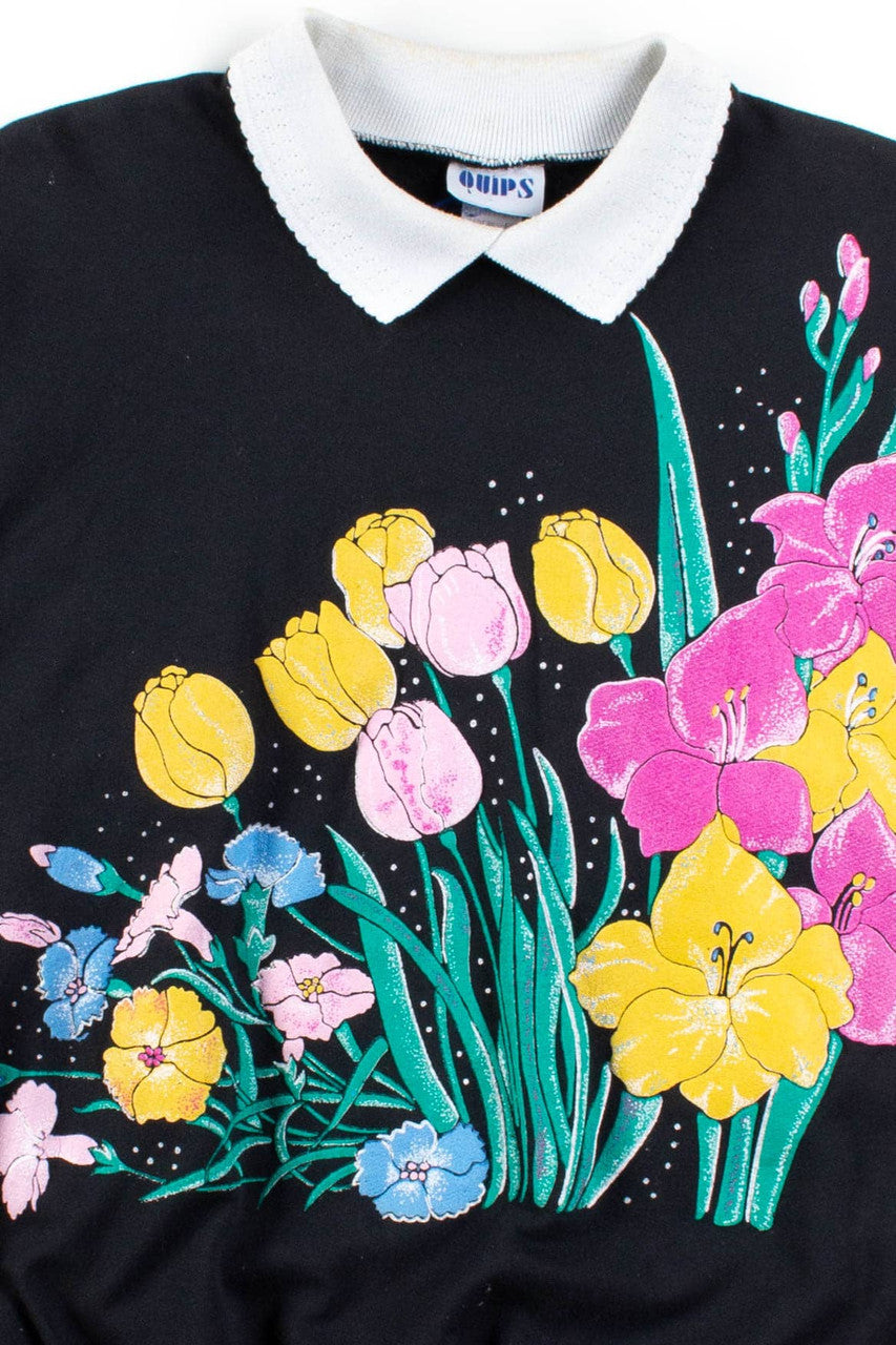 Black Floral Collared Sweatshirt 1
