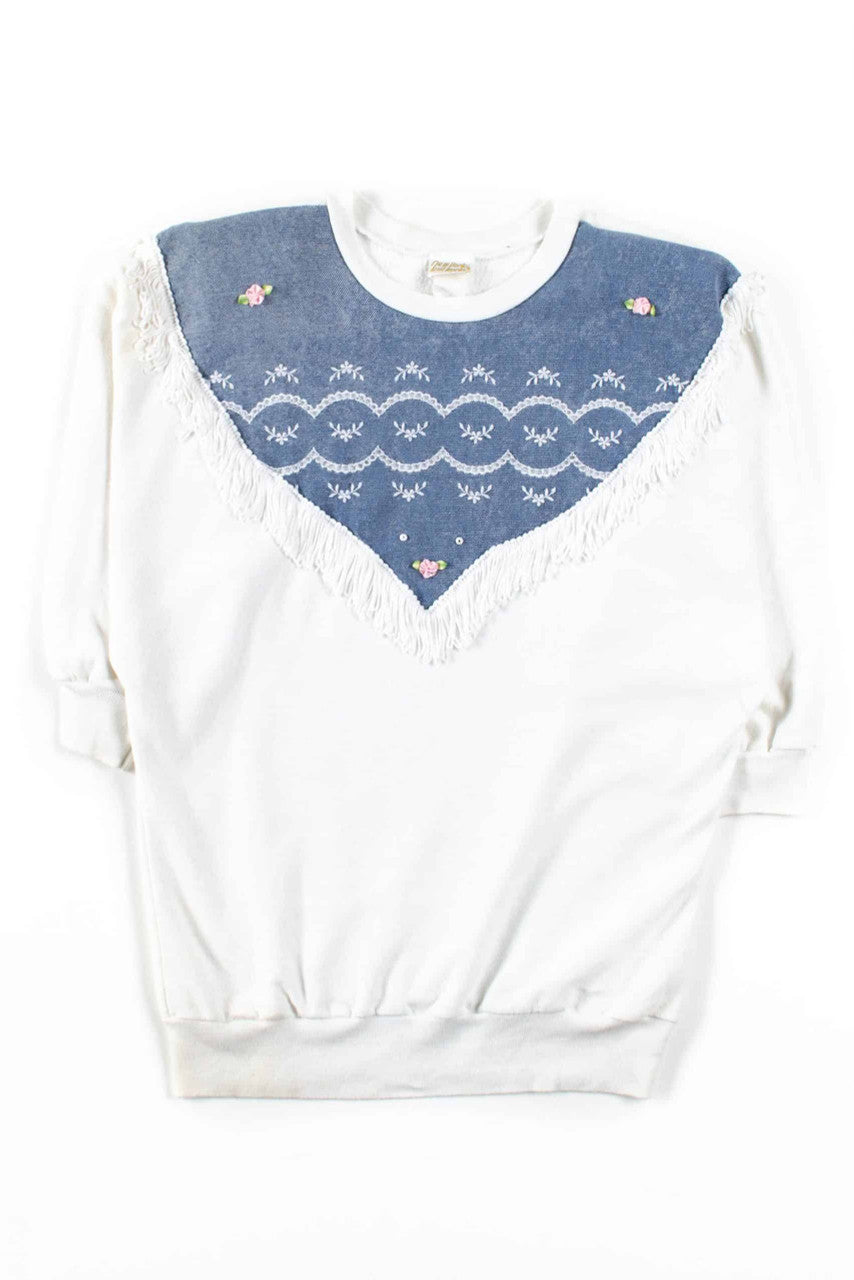 Vintage Denim Fringe Half Sleeve Sweatshirt