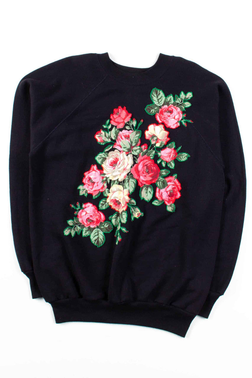 Black Beaded Floral Applique Sweatshirt