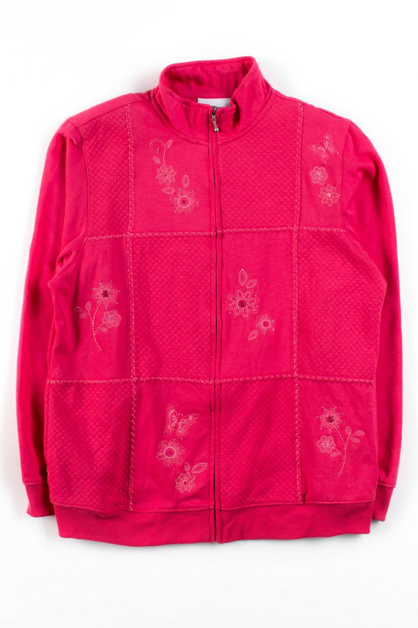 Pink Floral Beaded Zip Sweatshirt
