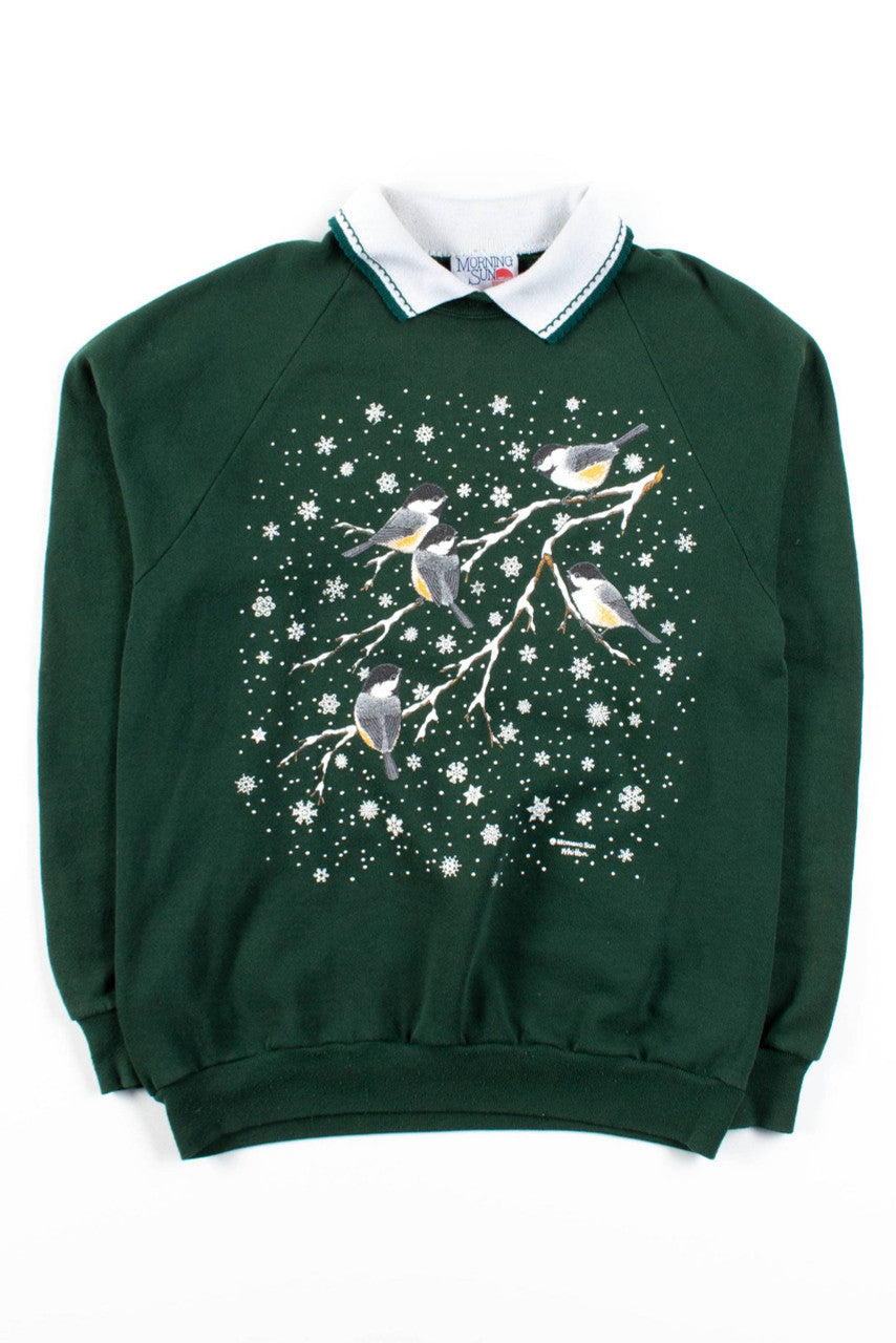 Chickadees In Snow Collared Sweatshirt