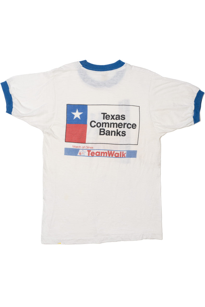 Vintage Texas Commerce Banks "Walking Tall" Front/Back Print Ringer T-Shirt