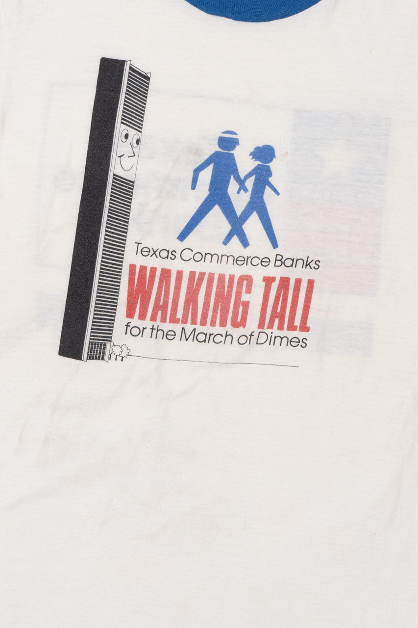 Vintage Texas Commerce Banks "Walking Tall" Front/Back Print Ringer T-Shirt