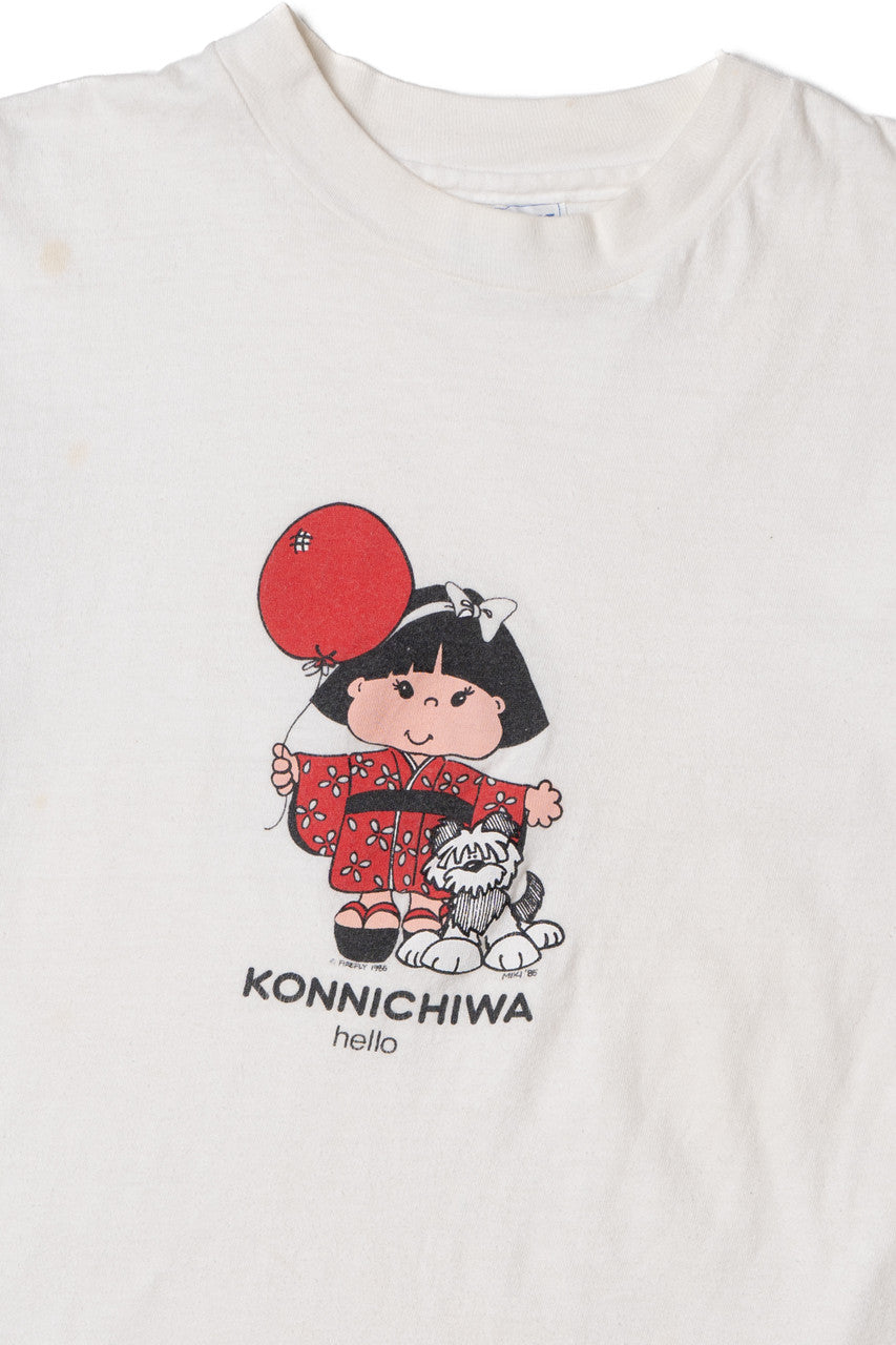 Vintage 1985 "Konnichiwa Hello" Japanese Cartoon T-Shirt