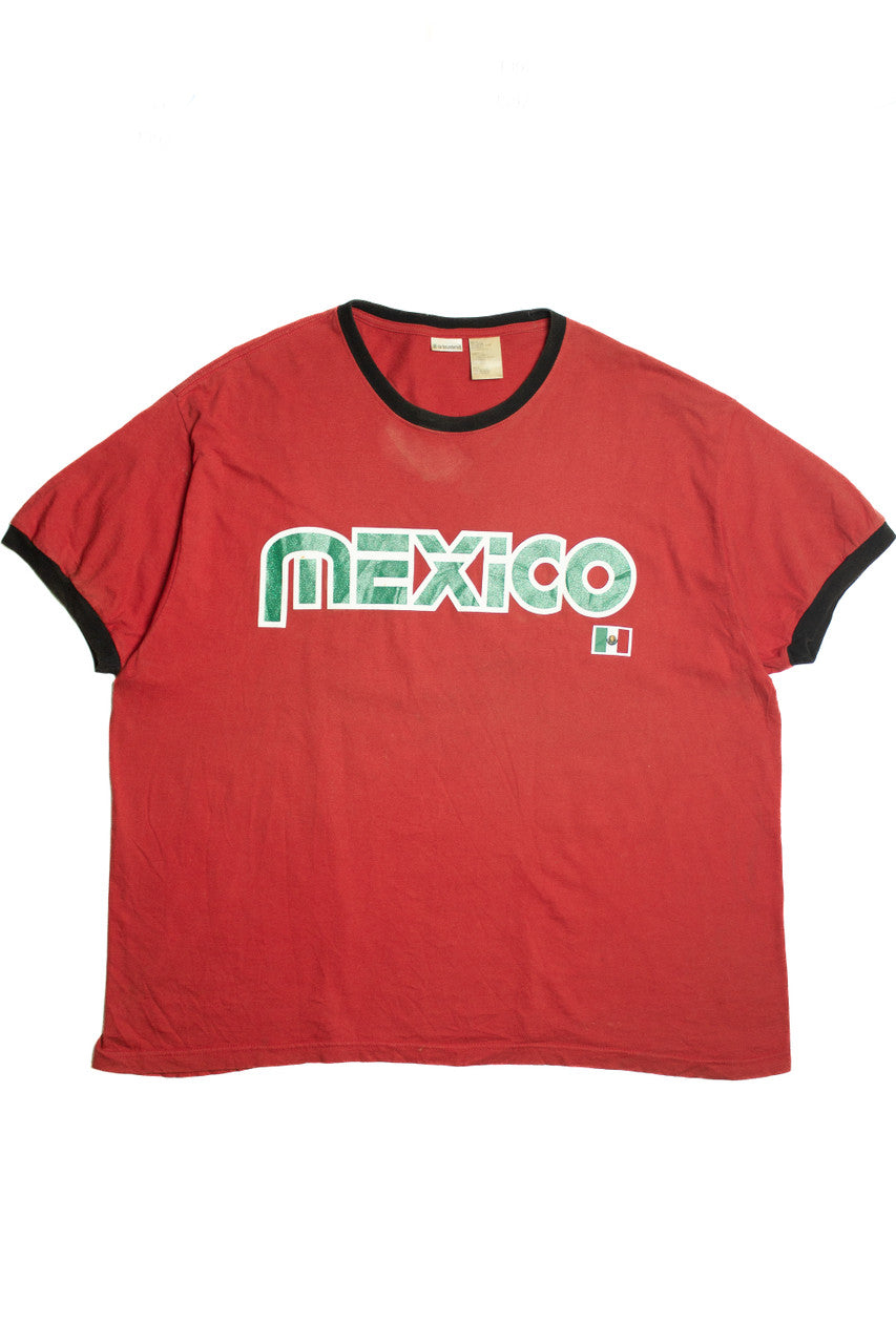 Vintage "Mexico" Green Glitter Spellout With Mexican Flag Ringer T-Shirt