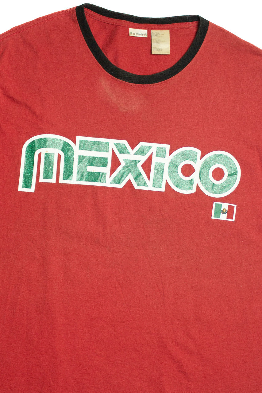 Vintage "Mexico" Green Glitter Spellout With Mexican Flag Ringer T-Shirt