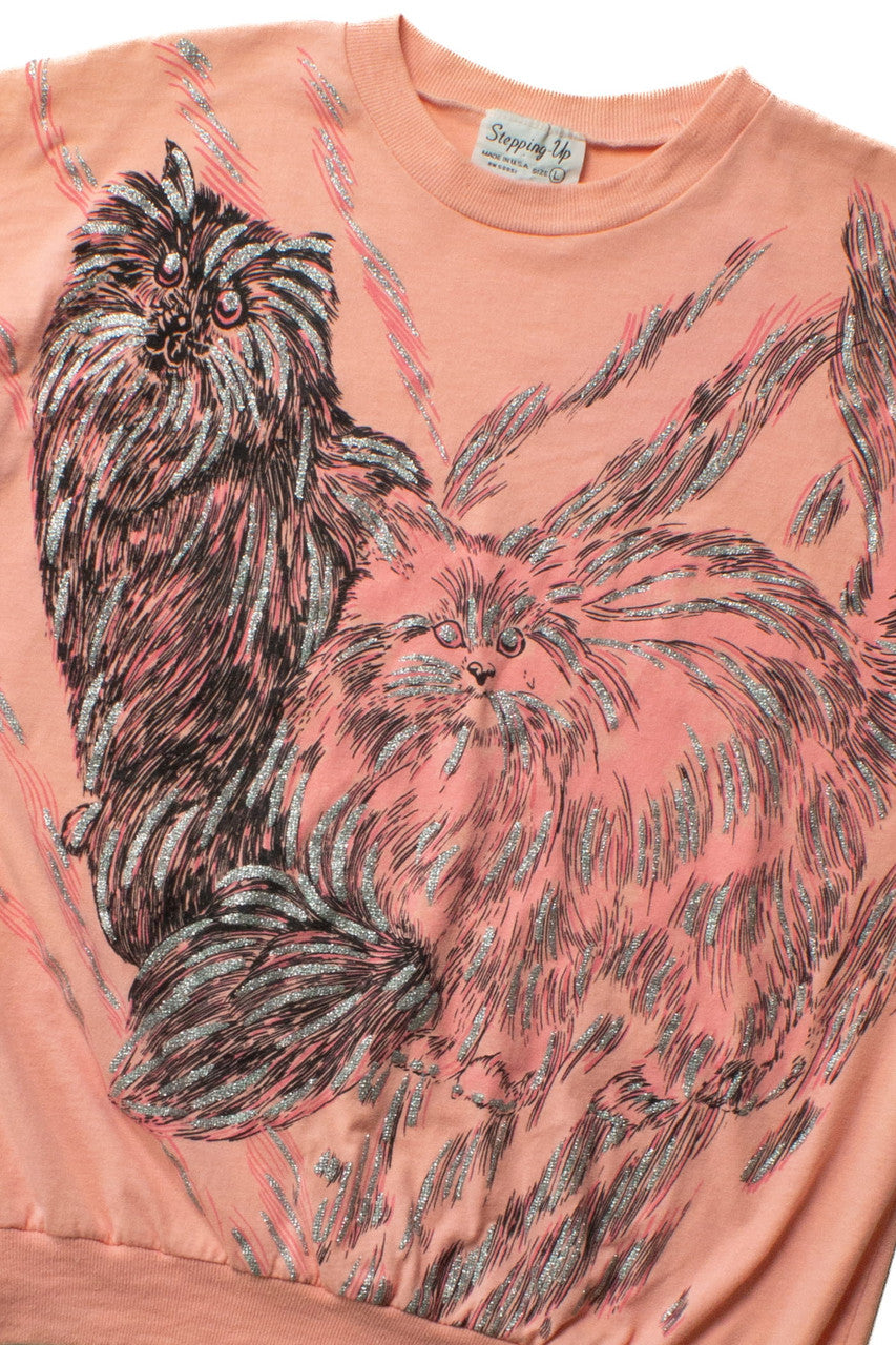 Vintage Pink Glitter Cats T-Shirt (1980s)