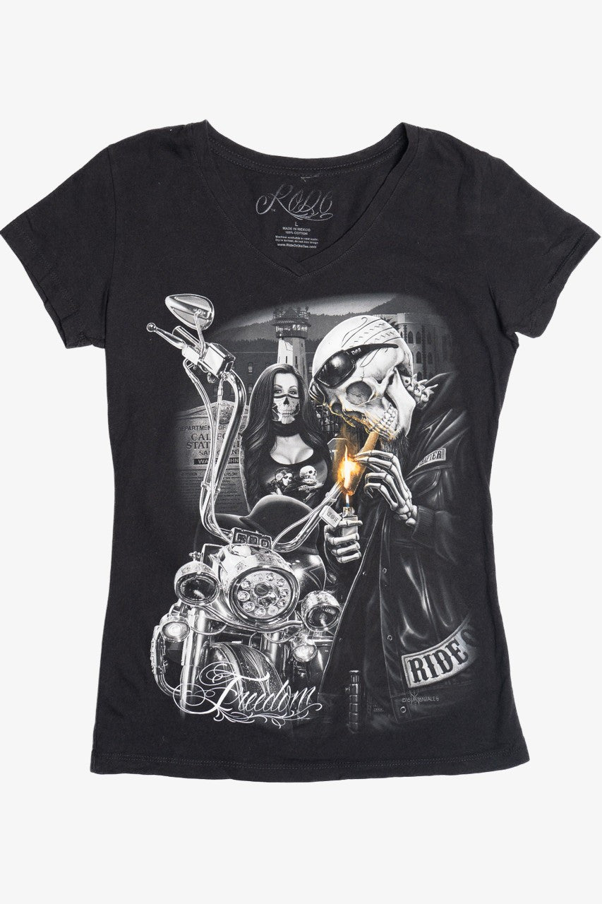 "Freedom" Skeleton Motorcycle V-Neck T-Shirt