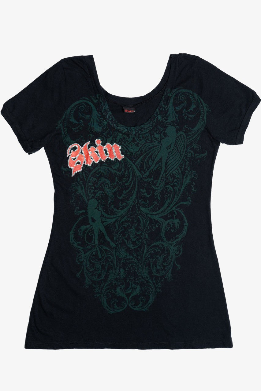 "Skin" Angel Wings Filigree Print Affliction-Style T-Shirt