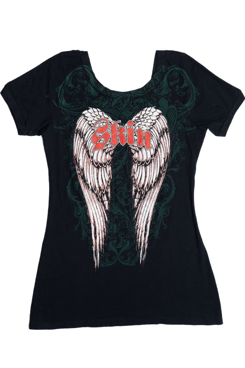 "Skin" Angel Wings Filigree Print Affliction-Style T-Shirt