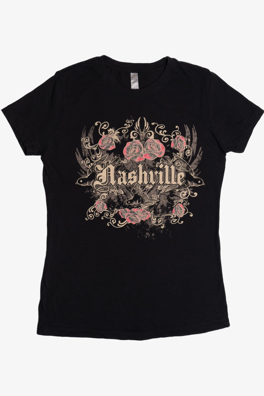 "Nashville" Rose & Swallow Traditional Tattoo Design T-Shirt