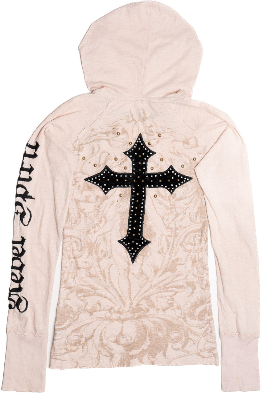 "Rebel Spirit" Rhinestone Affliction-Style Henley T-Shirt With Hoodie