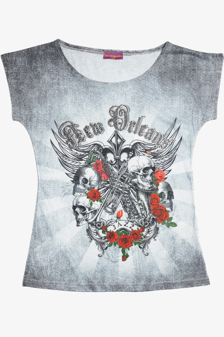 New Orleans Rhinestone Skull T-Shirt