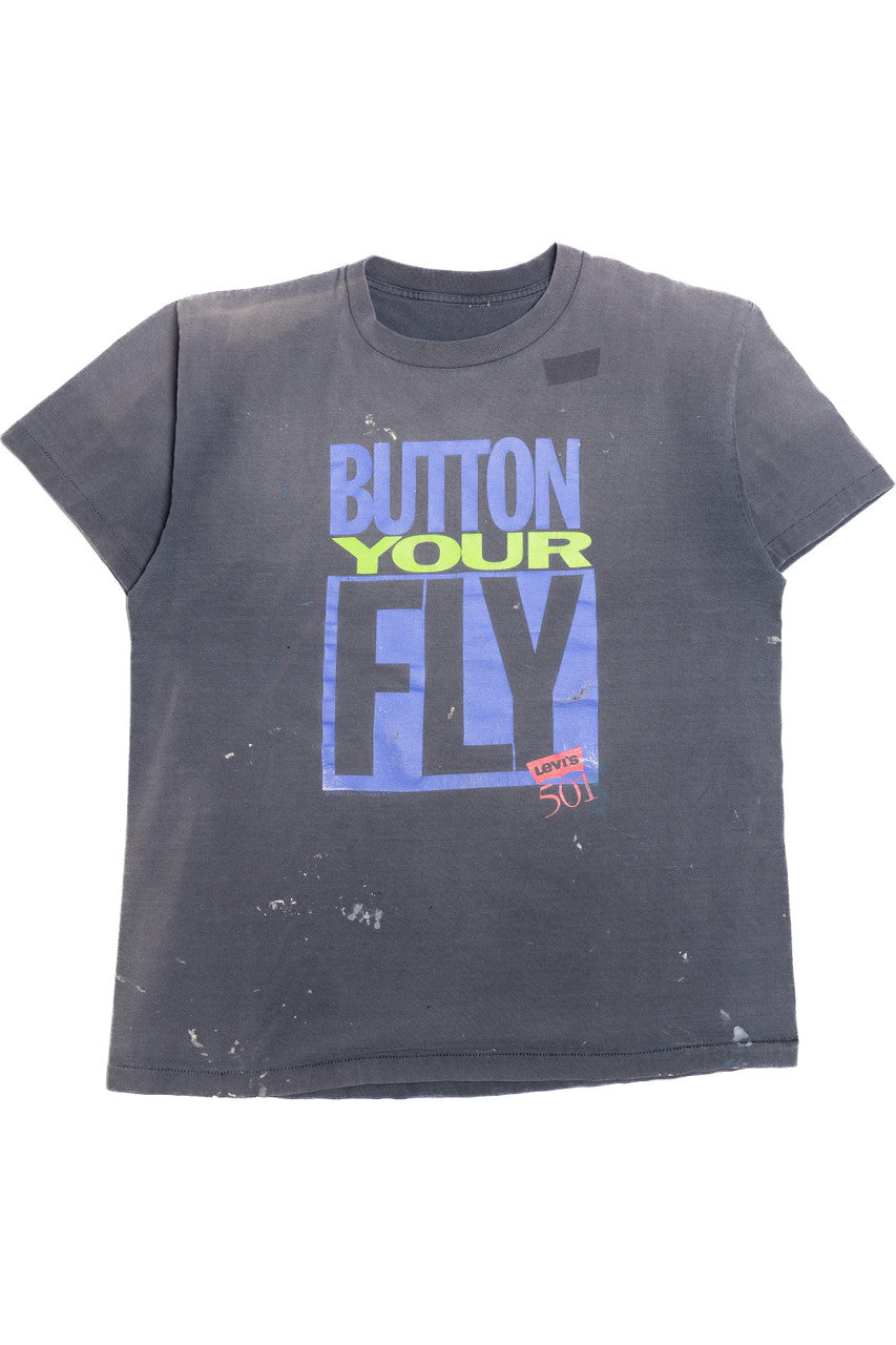 Vintage Distressed Levi's 501 "Button Your Fly" Paint Splatter T-Shirt