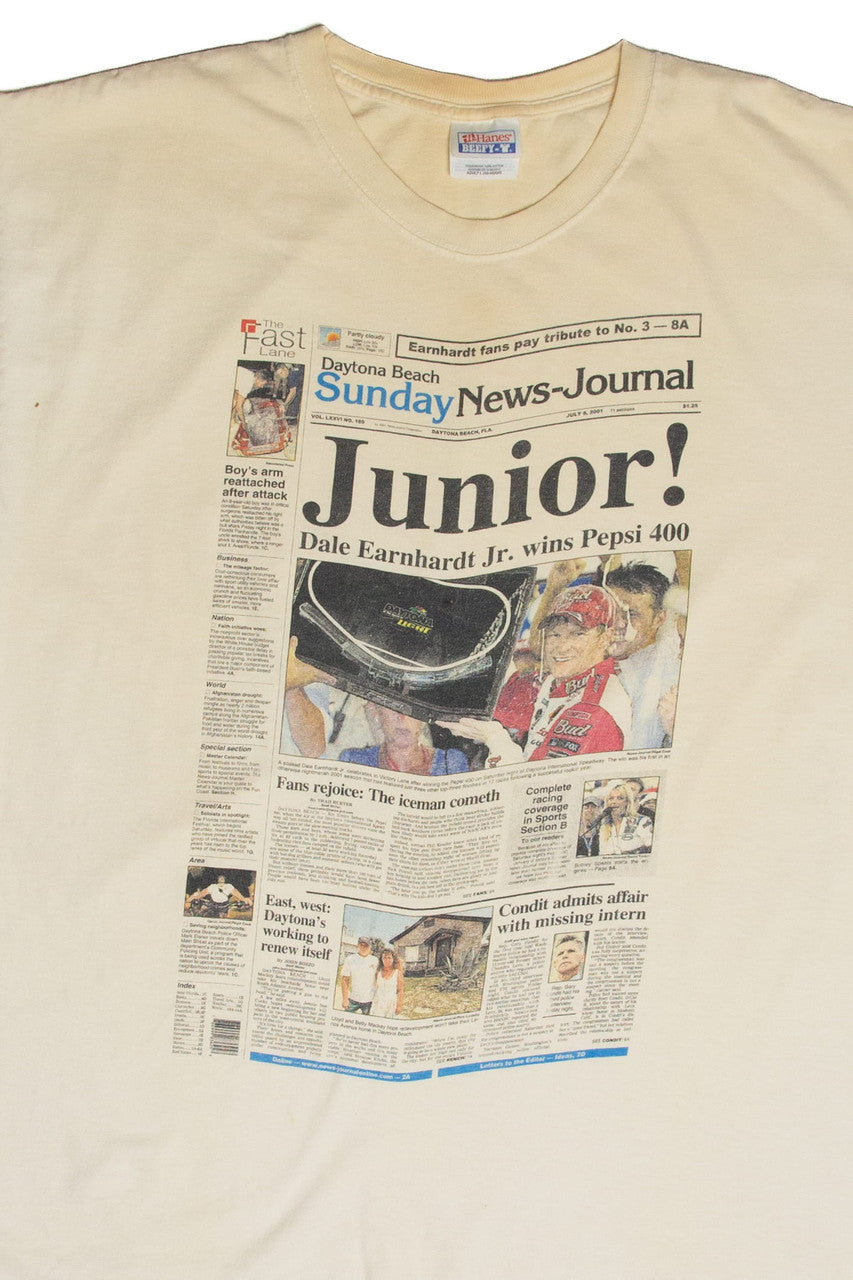 Vintage Dale Jr. Pepsi 400 Newspaper T-Shirt (2001)