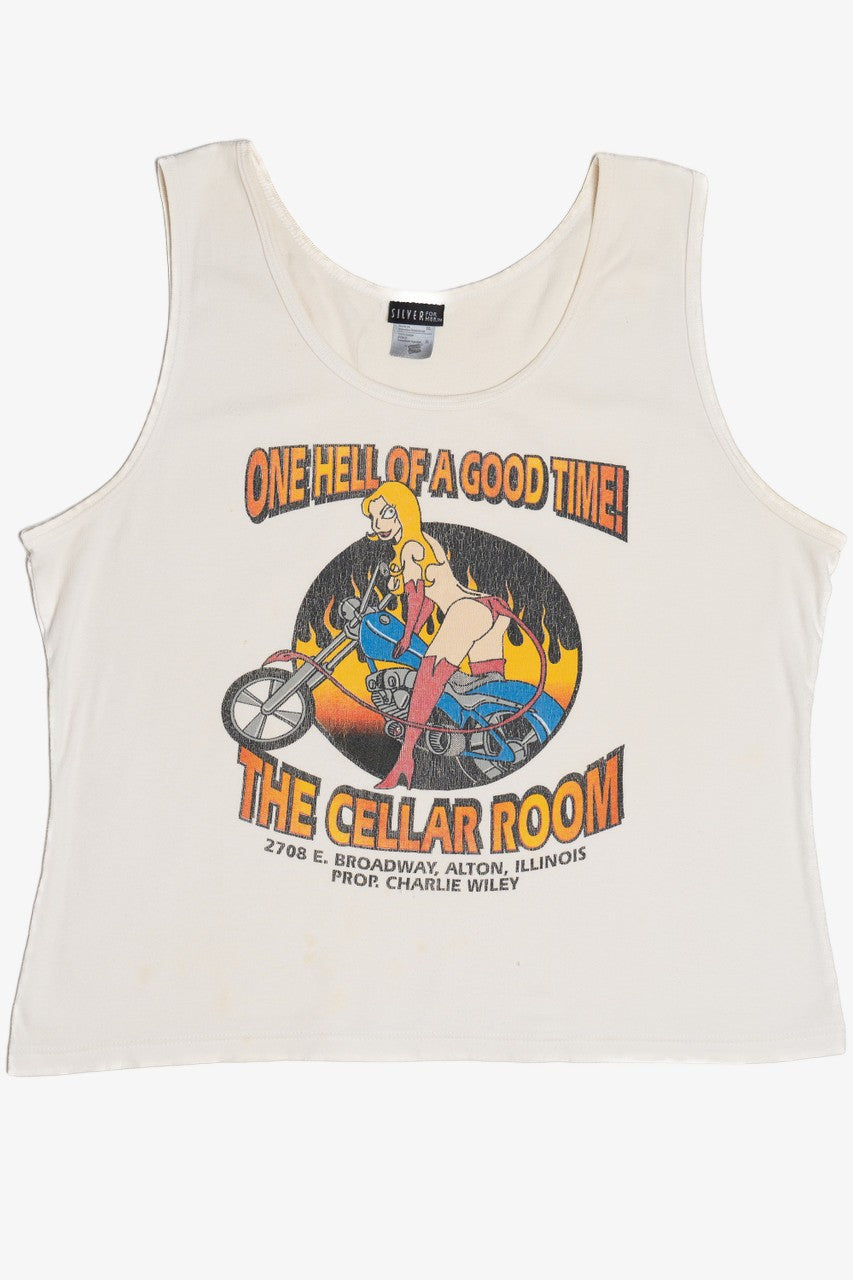 Vintage "One Hell Of A Good Time" "The Cellar Room" Motorcycle Pin-Up T-Shirt Tank Top