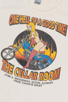 Vintage "One Hell Of A Good Time" "The Cellar Room" Motorcycle Pin-Up T-Shirt Tank Top