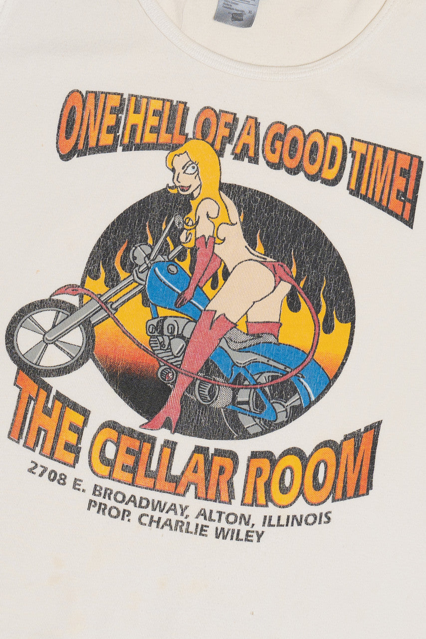 Vintage "One Hell Of A Good Time" "The Cellar Room" Motorcycle Pin-Up T-Shirt Tank Top