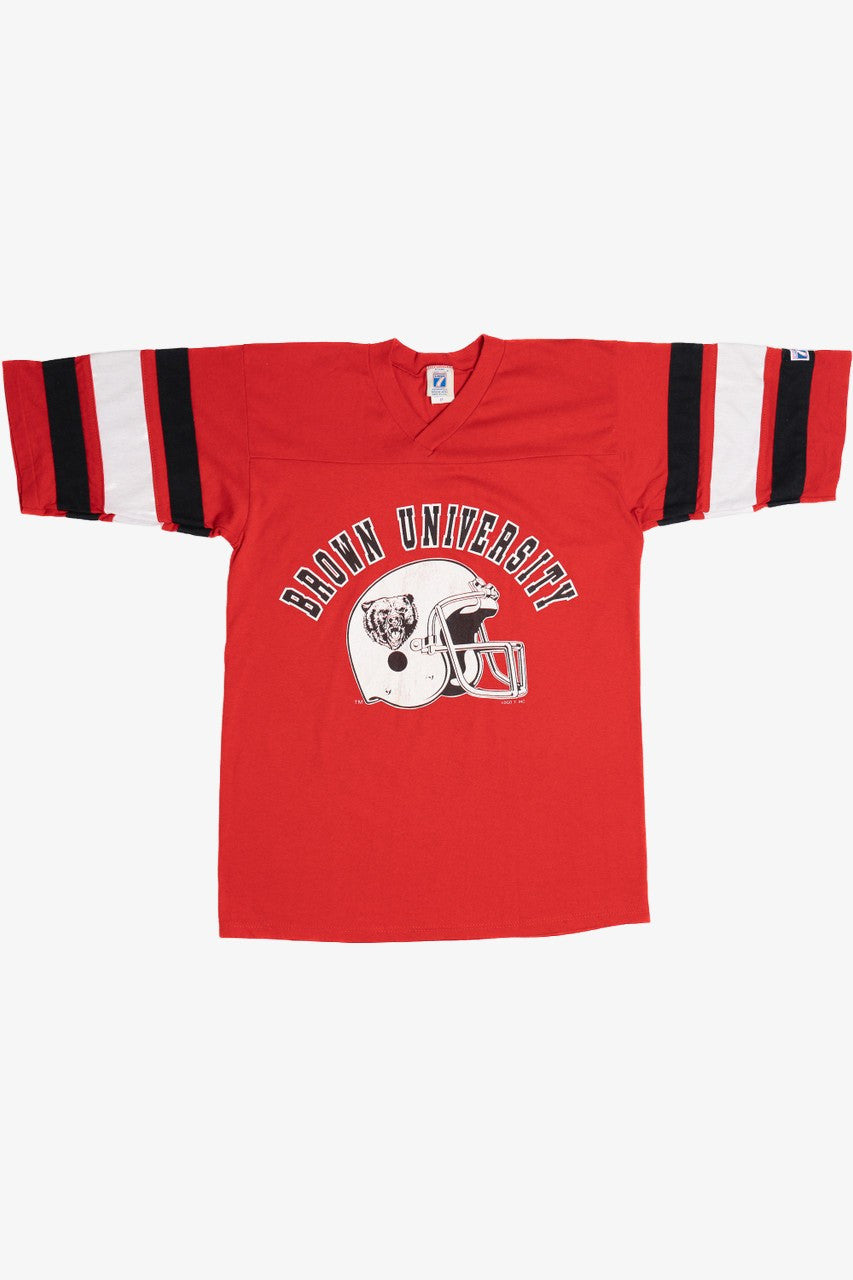 Vintage Brown University Football V-Neck Striped Sleeve T-Shirt (1980s)