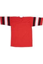 Vintage Brown University Football V-Neck Striped Sleeve T-Shirt (1980s)