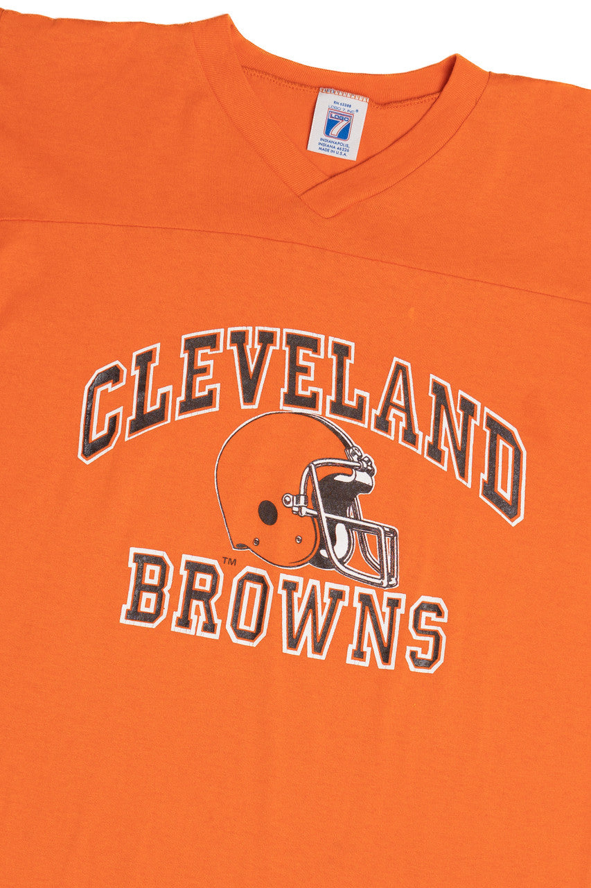 Vintage Cleveland Browns NFL V-Neck Striped Sleeve T-Shirt (1980s)