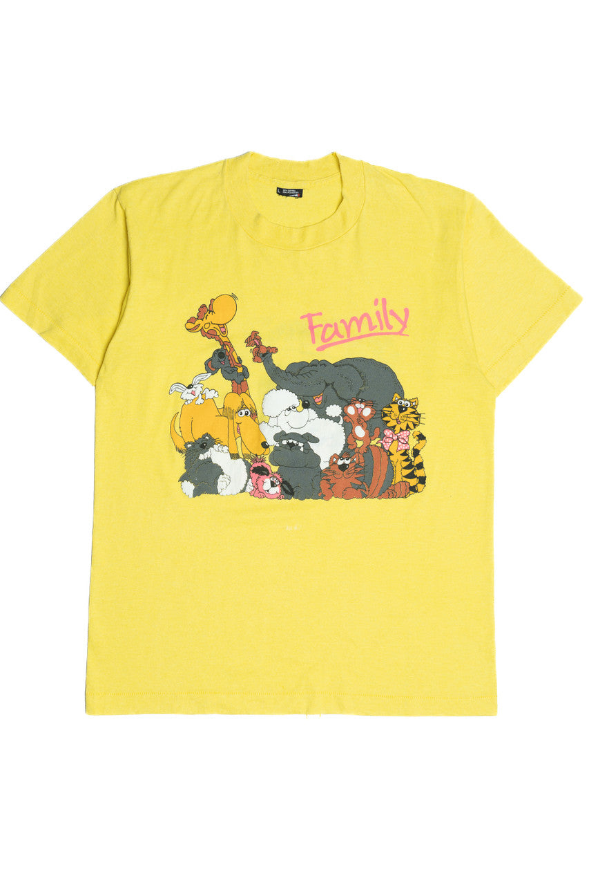 Vintage "Family" Embossed Cartoon Animals T-Shirt