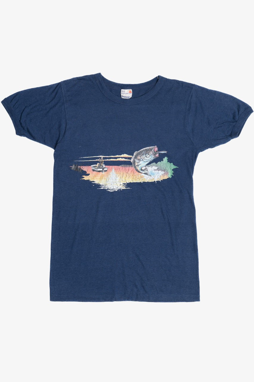 Vintage Sunset Fishing Print Ringer T-Shirt (1980s)