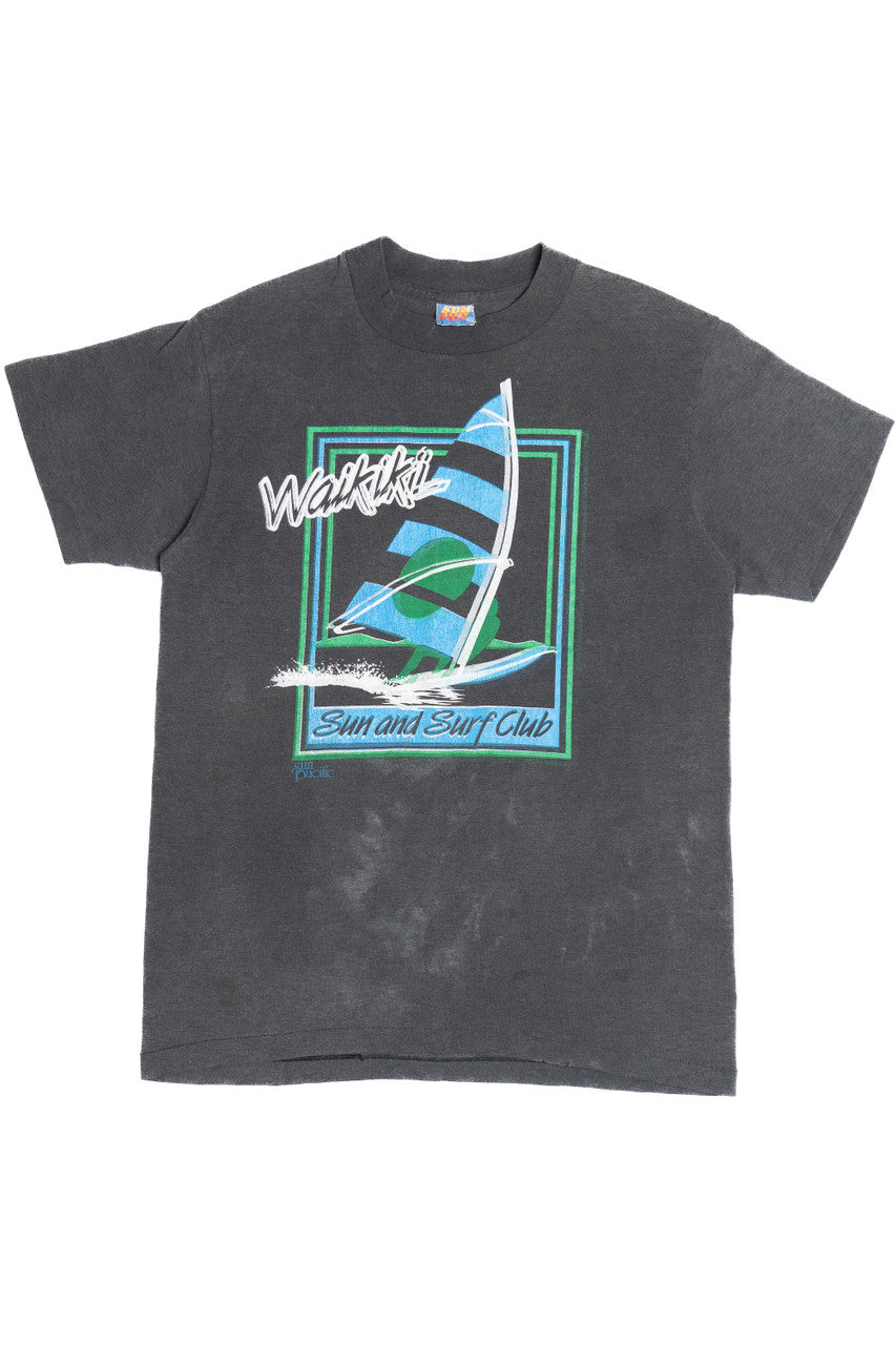 Vintage Distressed "Waikiki Sun And Surf Club" Windsurfing Paper Thin T-Shirt (1980s)