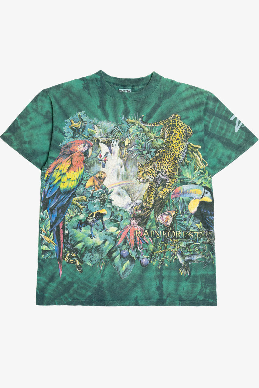 Vintage Rainforest Animals Wraparound Print Tie Dye T-Shirt (1990s)