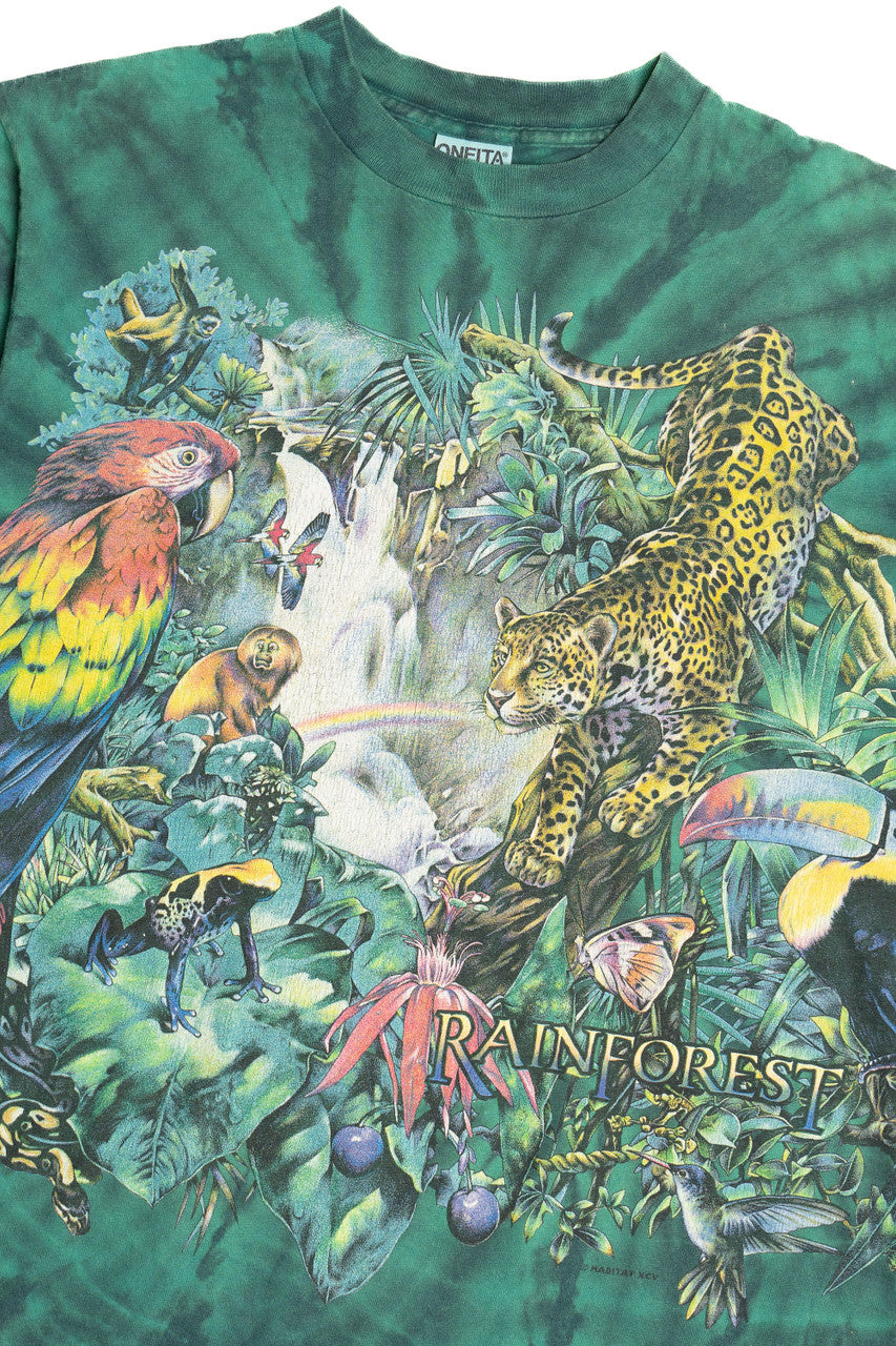 Vintage Rainforest Animals Wraparound Print Tie Dye T-Shirt (1990s)