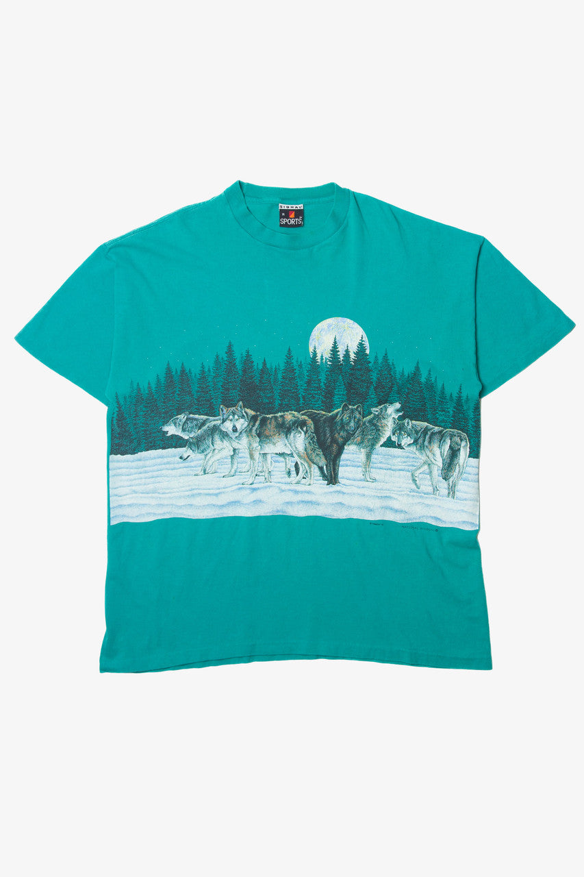Vintage Wolf Pack Under The Moon Wrap Around Illustration T-Shirt