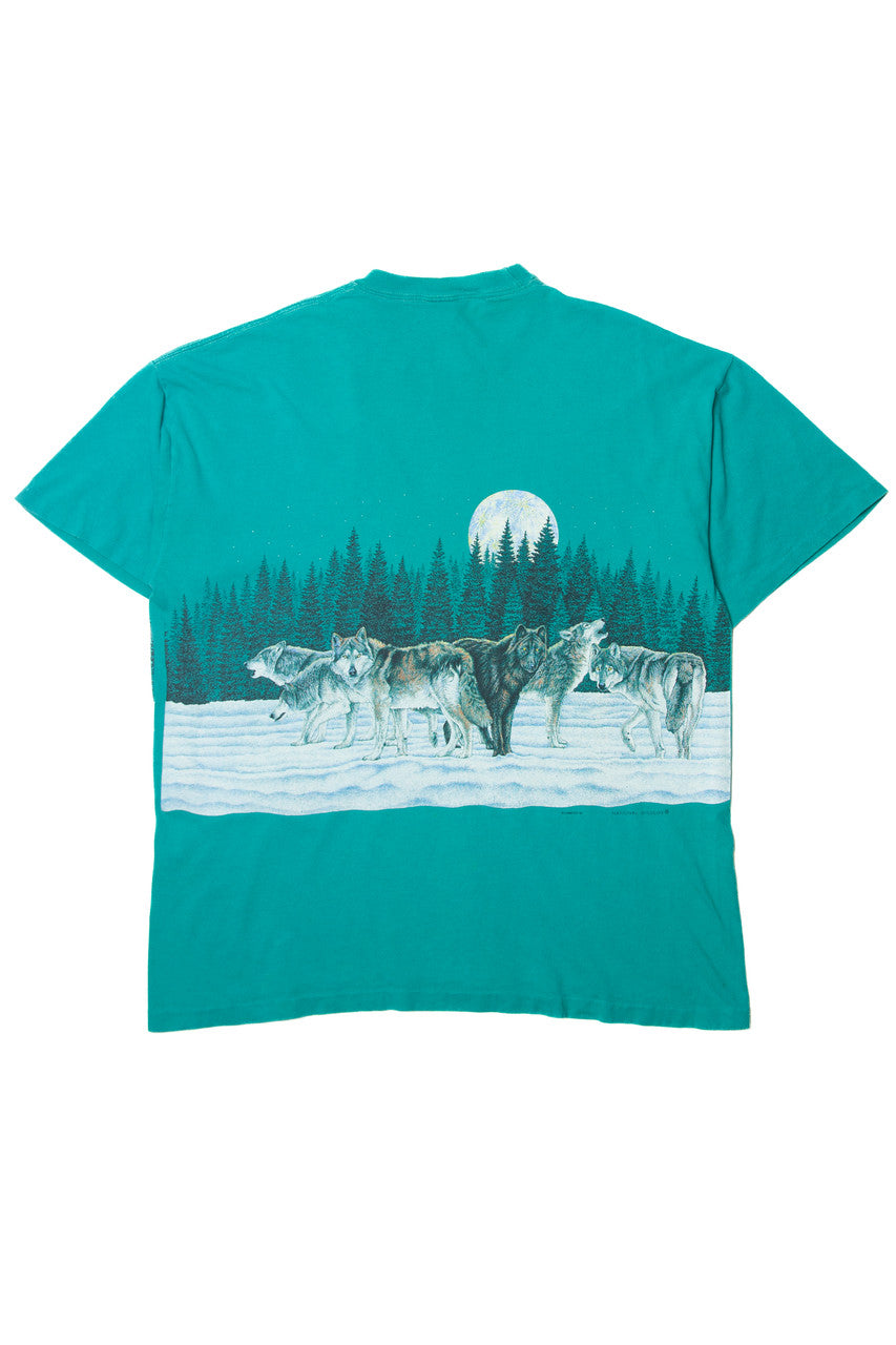 Vintage Wolf Pack Under The Moon Wrap Around Illustration T-Shirt