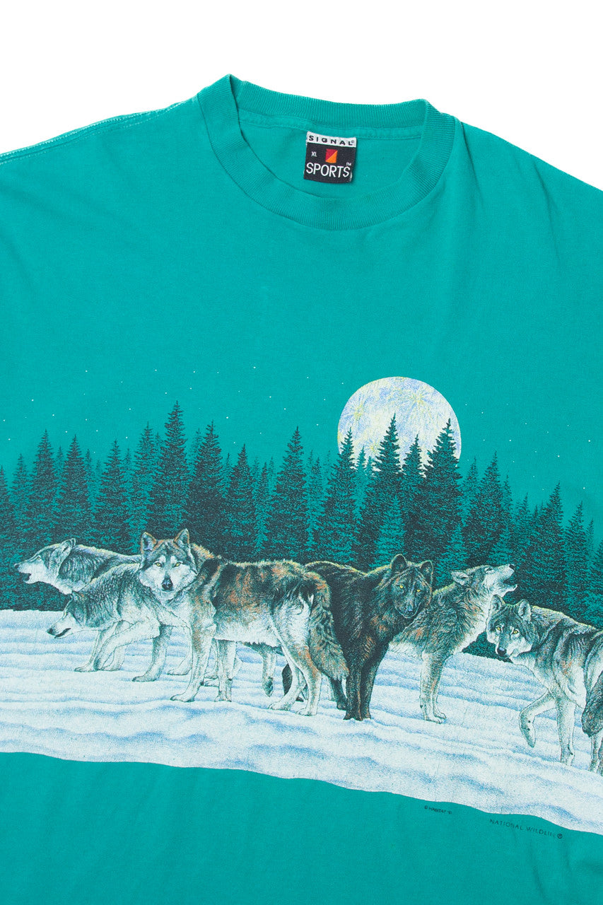 Vintage Wolf Pack Under The Moon Wrap Around Illustration T-Shirt