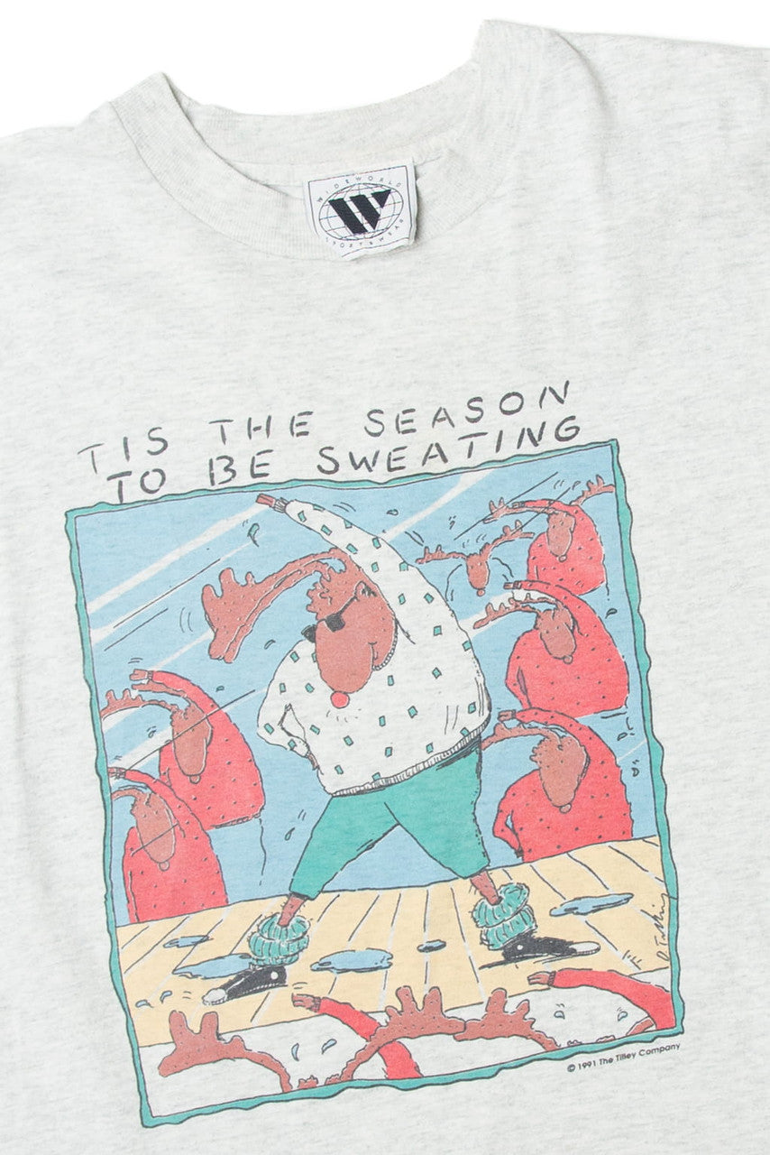 Vintage Reindeer Working Out "Tis The Season To Be Sweating" T-Shirt (1990s)