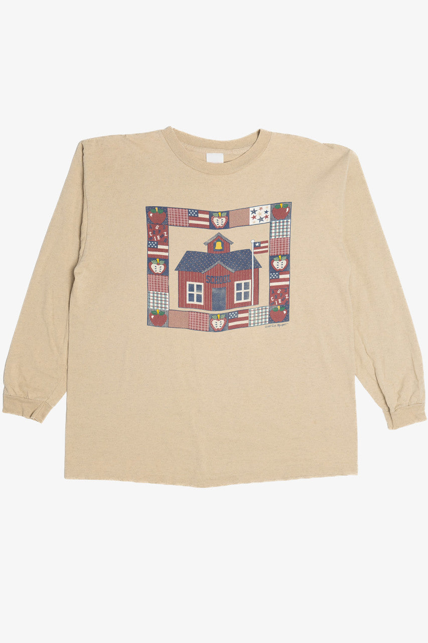 Vintage "School" Americana Cottagecore Schoolhouse Long Sleeve T-Shirt (1990s)
