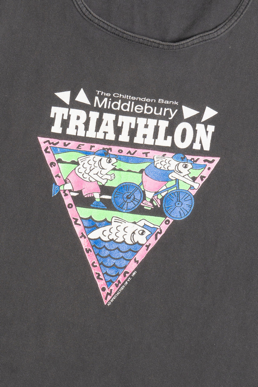 Vintage Fish Graphic Triathlon Faded Black T-Shirt Tank Top (1990s)